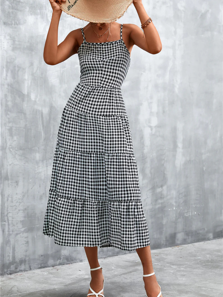 Abito Midi da Donna a Linea A con Motivo a Quadri e Dettaglio con Laccetto sul Retro