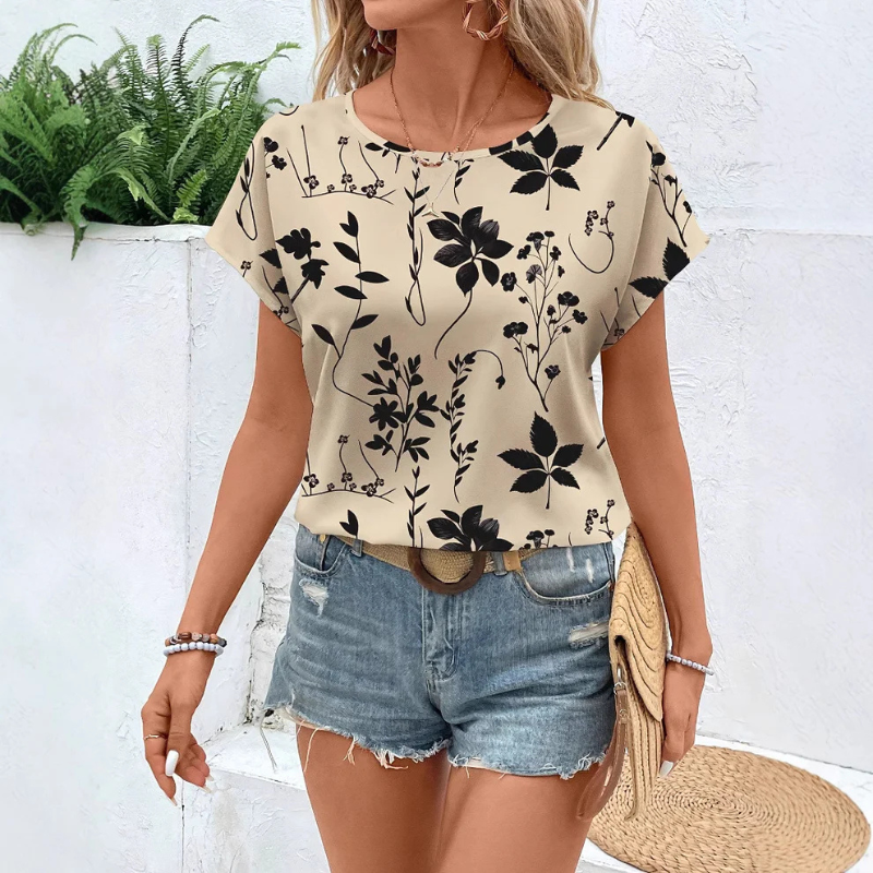 Camicia da Donna a Maniche Corte con Stampa Floreale e Colletto