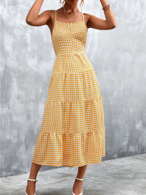 Abito Midi da Donna a Linea A con Motivo a Quadri e Dettaglio con Laccetto sul Retro