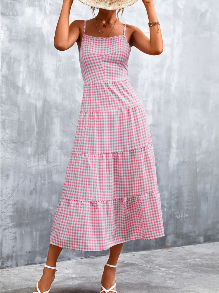 Abito Midi da Donna a Linea A con Motivo a Quadri e Dettaglio con Laccetto sul Retro