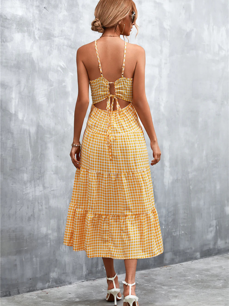 Abito Midi da Donna a Linea A con Motivo a Quadri e Dettaglio con Laccetto sul Retro