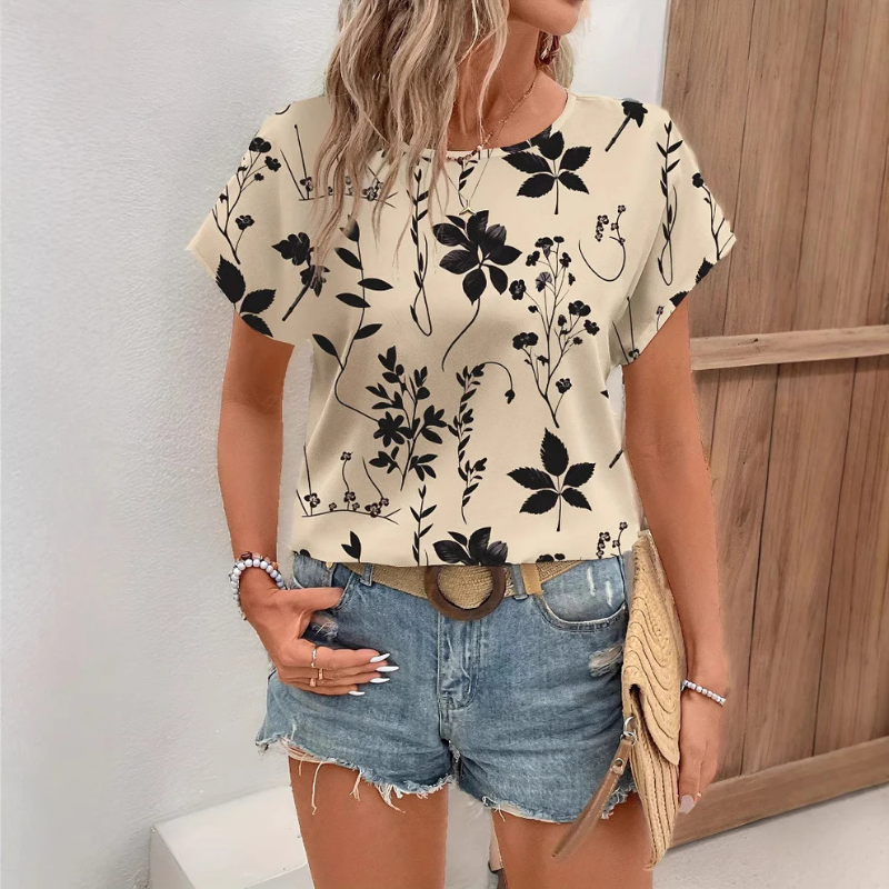 Camicia da Donna a Maniche Corte con Stampa Floreale e Colletto