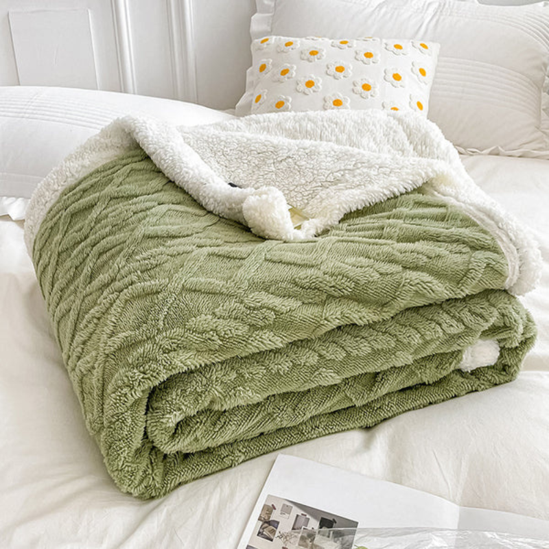 Coperta per Quattro Stagioni a Due Strati in Lana di Agnello e Pile Corallo con Motivo Geometrico, Velluto Torre Skin, Disponibile in Più Taglie e Colori